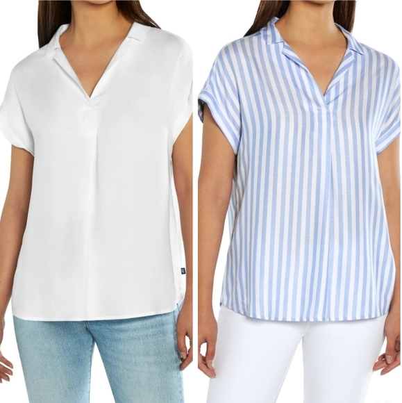 TWO Gap Short Cap Sleeve Popover Tops, Solid White & Blue/White Stripes, EUC! - Picture 1 of 15